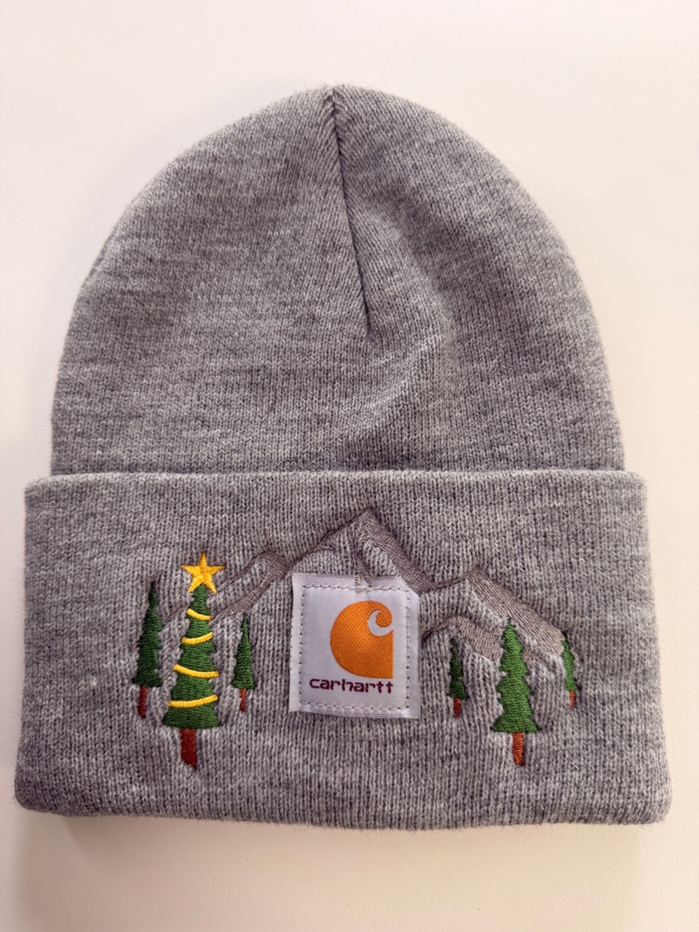 Carhartt Gray Knit Beanie with Embroidered Trees and Star